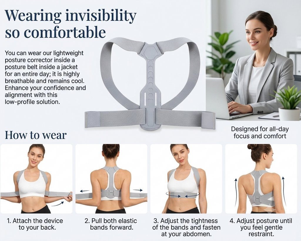 Grey posture support belt with illustrated steps for wearing and adjusting