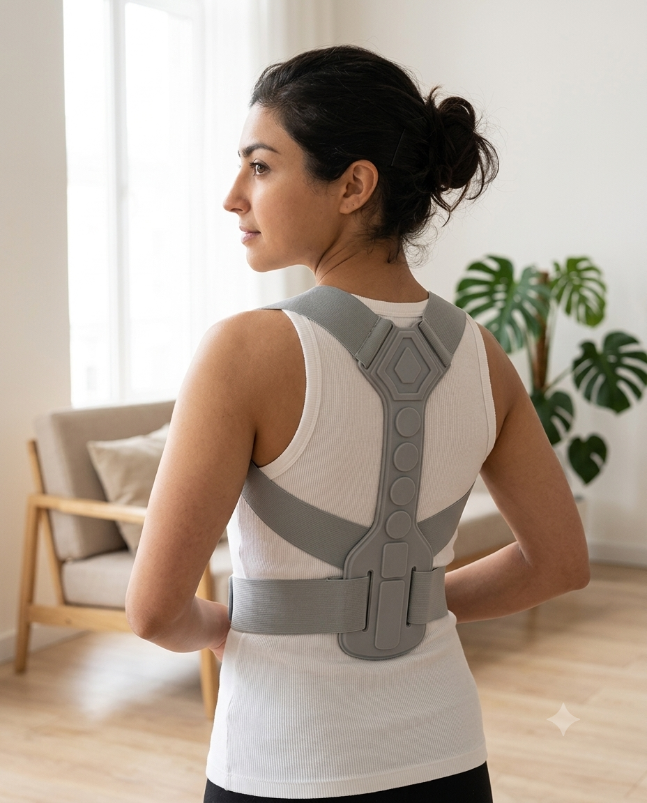 Back view of grey adjustable posture support belt being worn