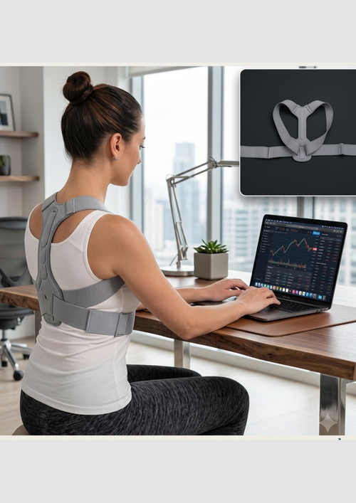 Grey adjustable posture support belt worn while working at a desk
