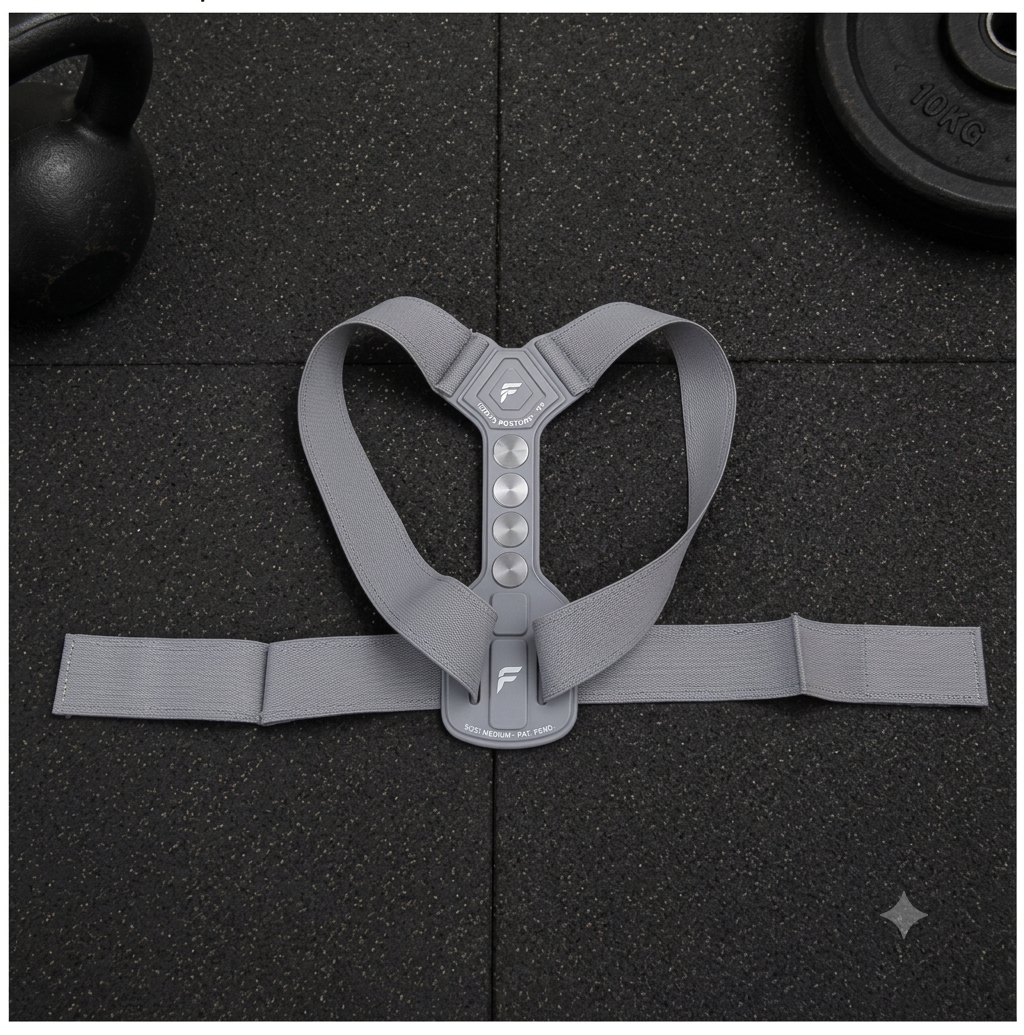 Grey adjustable posture support belt laid flat